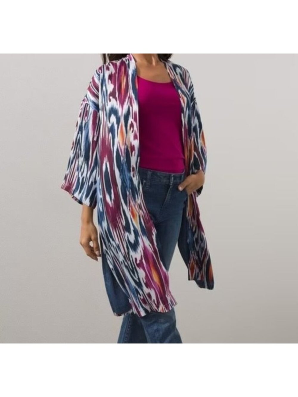 Chico's Asian Floral Kimono Cardigan Womens L / XL Open Front Pink Pockets
